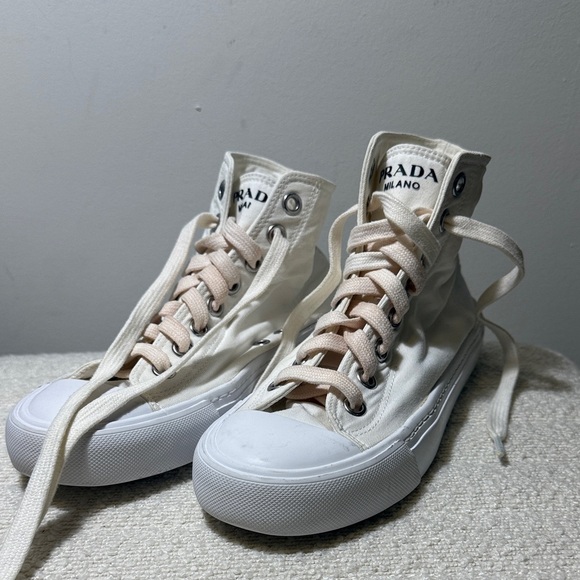 Prada Canvas High-Tops in White and Tan - Picture 1 of 4